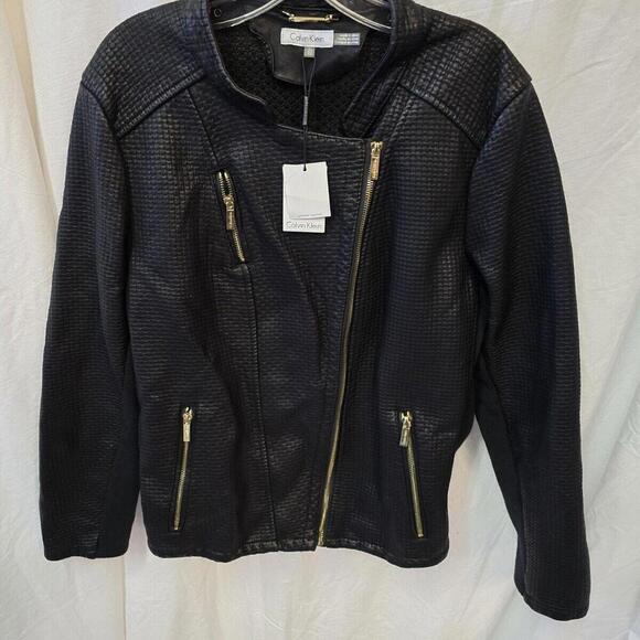 Calvin Klein L Black Vegan Leather Gold Chic Luxury UQ Urban Chic Jacket NWT - Picture 3 of 13